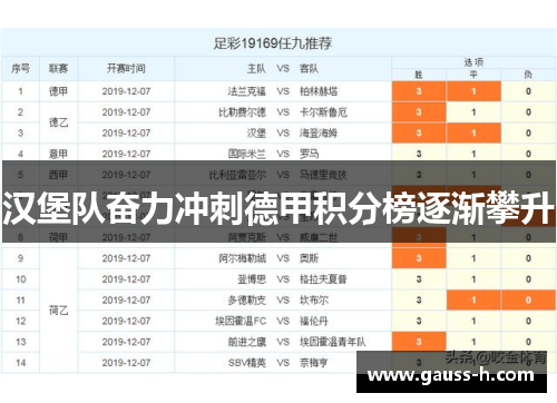 汉堡队奋力冲刺德甲积分榜逐渐攀升